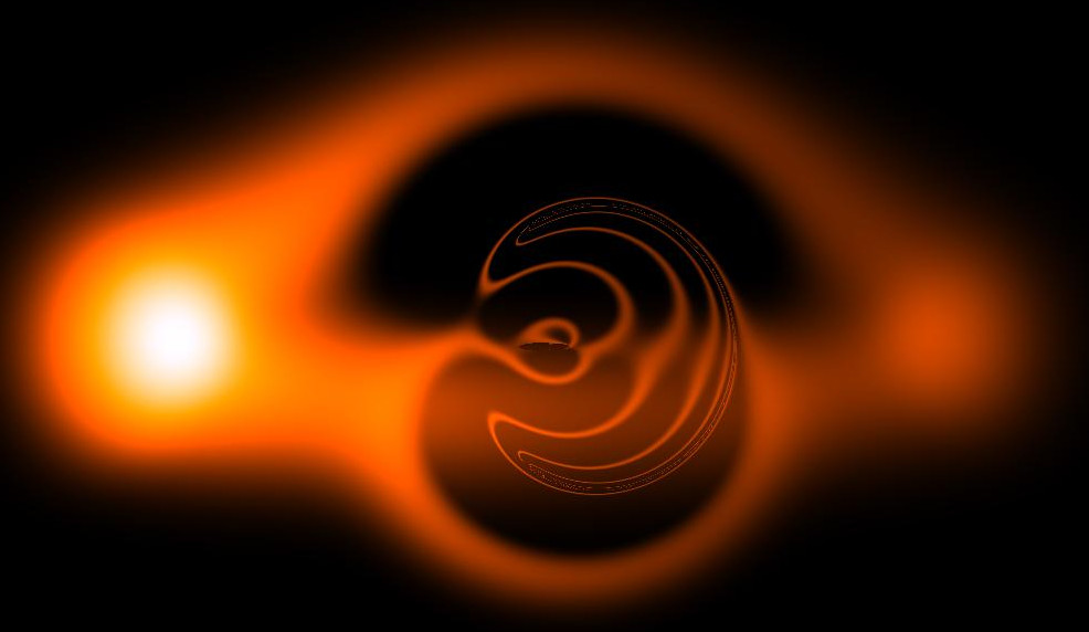 <p>Image d'un disque d'accrétion en orbite autour d'un trou de ver en rotation rapide, calculée par F. Lamy, E. Gourgoulhon, T. Paumard & F. H. Vincent, Class. Quantum Gravity 35, 115009 (2018) (<a href="https://doi.org/10.1088/1361-6382/aabd97" class="spip_out" rel="external">article</a>)</p>