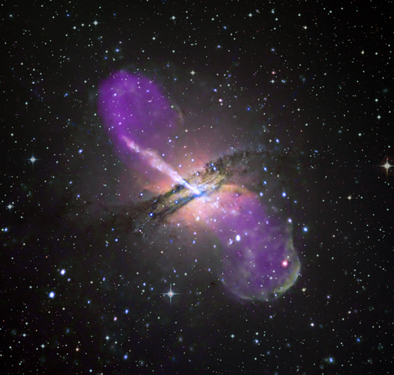 <p>Image composite (en rayons X, radio, et optique) de la galaxie Centaurus A, source de rayons gammas située à plus de treize millions d'années-lumière, montrant un grand jet de matière émis par la région active du trou noir central. <br class='autobr' />
Crédits : IAC, NASA, ESA, SSC, CXC et STScI</p>